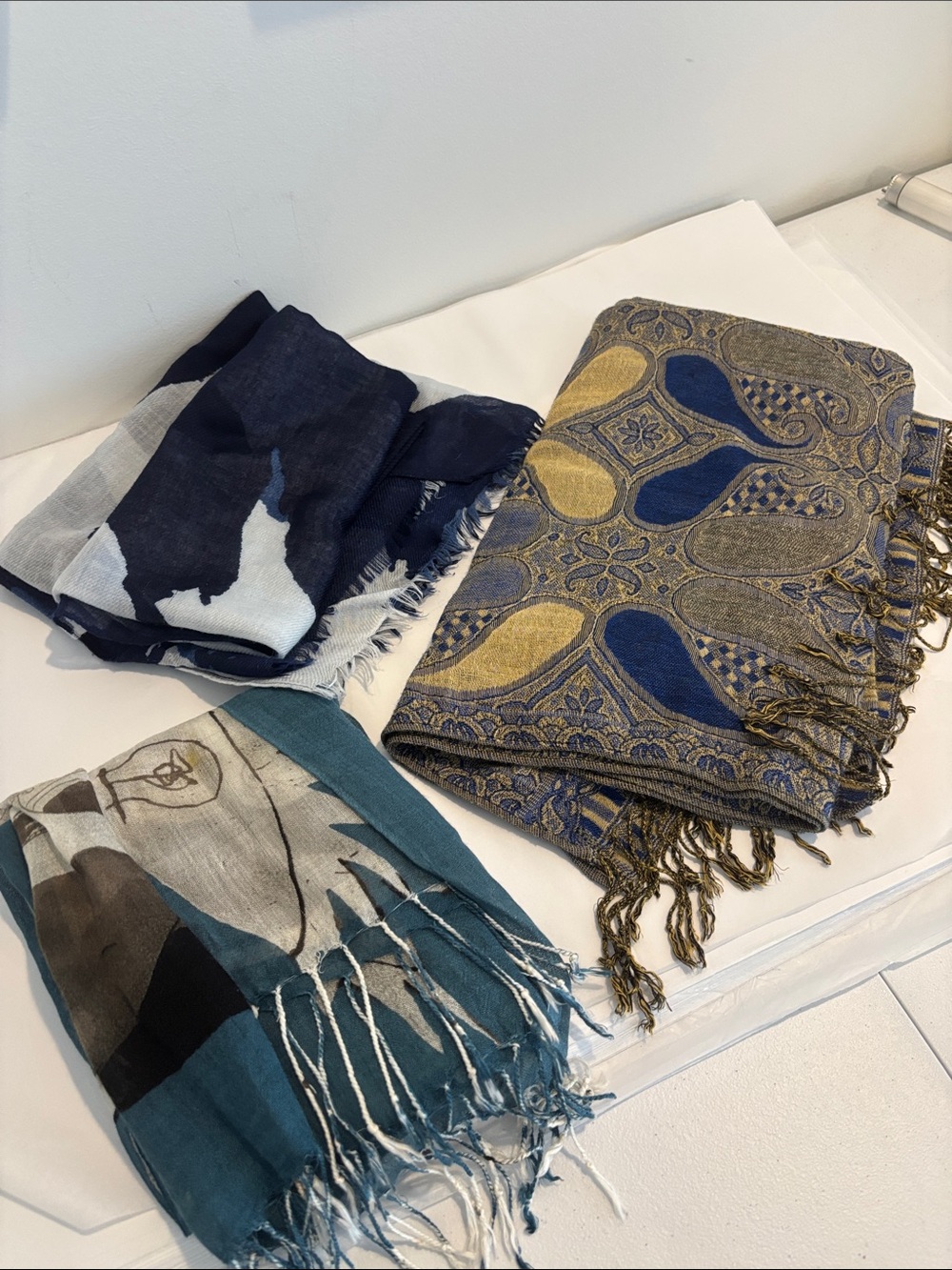 SET OF THREE fashion scarves- Fringed Paisley Accent Scarf, blue & gray, teal